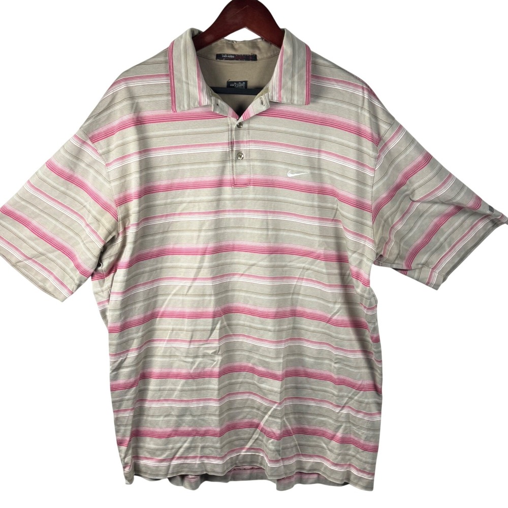 Nike Tiger Woods Mens XL Pink Tan Striped Fit-Dry Golf Polo 256458-235